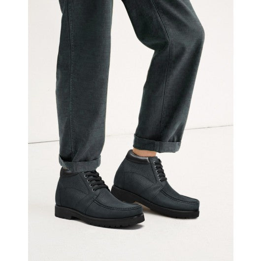 9-LIONS Height Increasing Boots For Men - Black Nubuck Square Toe Boots 10CM | 3.94 Inches