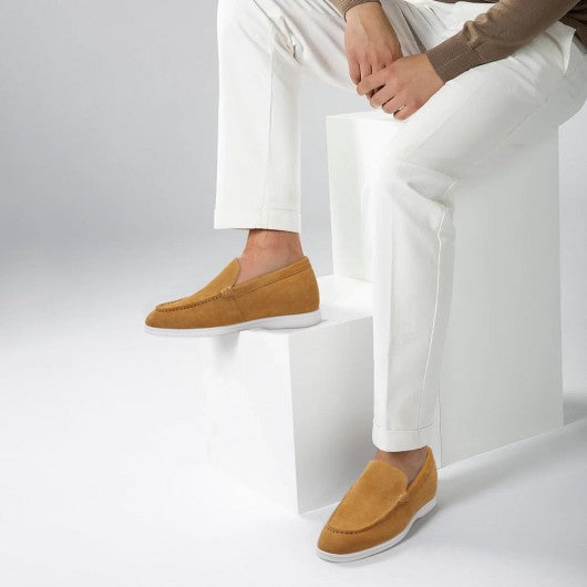 9-LIONS Hidden Heel Shoes for Men - Brown Suede Apron toe Loafer Shoes that Make You Taller 5 CM / 1.95 Inches