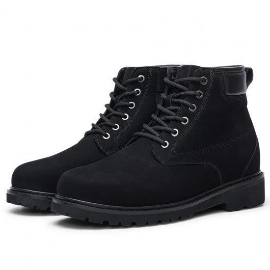 9-LIONS men's elevator shoes - high heel men boots - black nubuck leather boots with zipper 7CM / 2.76 Inches