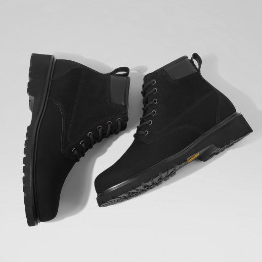 9-LIONS men's elevator shoes - high heel men boots - black nubuck leather boots with zipper 7CM / 2.76 Inches