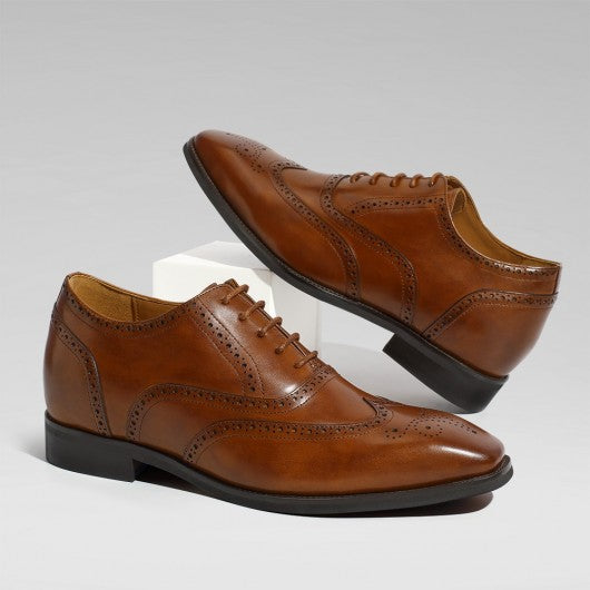 9-LIONS Men's Elevator Dress Shoes - Brown Leather Wingtip Oxford Shoes 6CM | 2.36 Inches