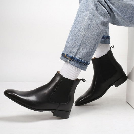 9-LIONS Height Increasing Chelsea boots Black Leather Tall Men Shoes High Heel Boots for Men 7CM / 2.76 Inches