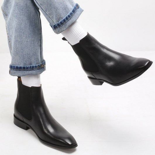9-LIONS Height Increasing Chelsea boots Black Leather Tall Men Shoes High Heel Boots for Men 7CM / 2.76 Inches