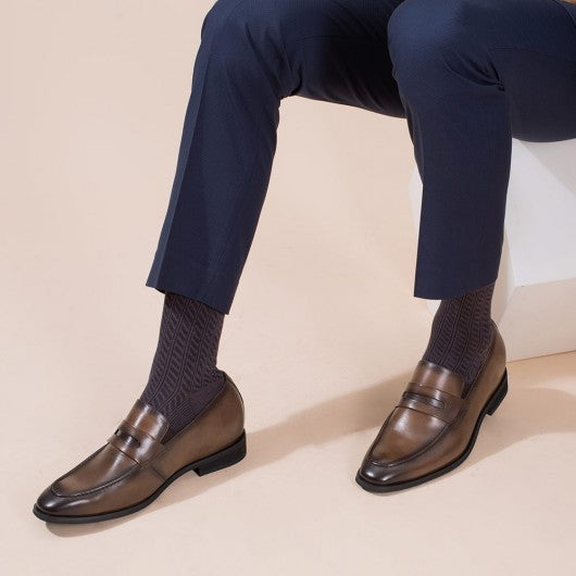 9-LIONS Height Increasing Shoes Formal Tall Men Shoes Khaki Slip on Penny Loafers 7 CM / 2.76 Inches Taller