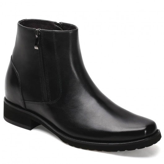 9-LIONS Elevator Boots For Men Black Leather With Side Zipper Boots Get Taller 8CM / 3.15 Inches