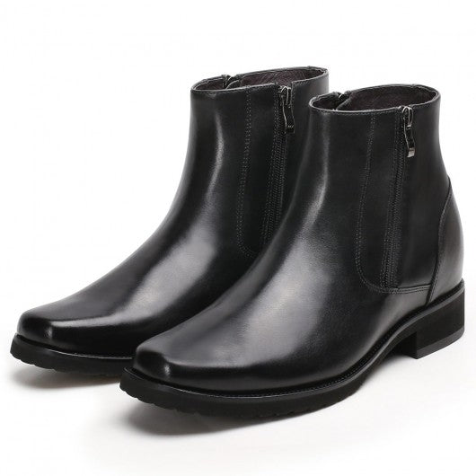 9-LIONS Elevator Boots For Men Black Leather With Side Zipper Boots Get Taller 8CM / 3.15 Inches