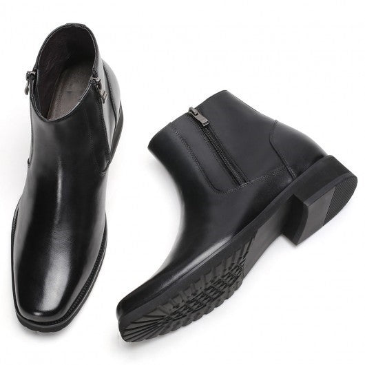 9-LIONS Elevator Boots For Men Black Leather With Side Zipper Boots Get Taller 8CM / 3.15 Inches