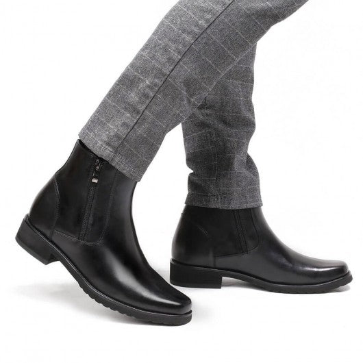 9-LIONS Elevator Boots For Men Black Leather With Side Zipper Boots Get Taller 8CM / 3.15 Inches