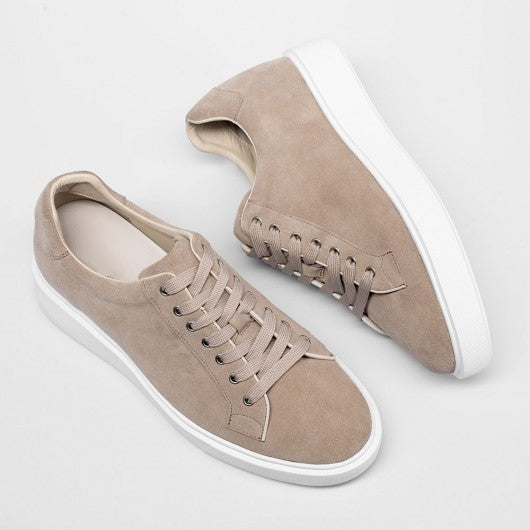9-LIONS Elevator Shoes Suede Leather Apricot Sneakers that Add Height 6 CM / 2.36 Inches