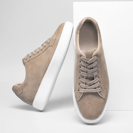9-LIONS Elevator Shoes Suede Leather Apricot Sneakers that Add Height 6 CM / 2.36 Inches