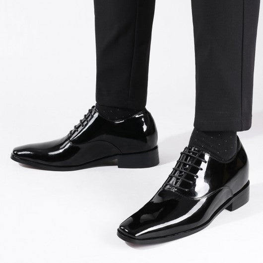 9-LIONS Black Glossy Elevator Tuxedo Shoes Patent Leather High Increase Shoes 2.76 Inches / 7 CM