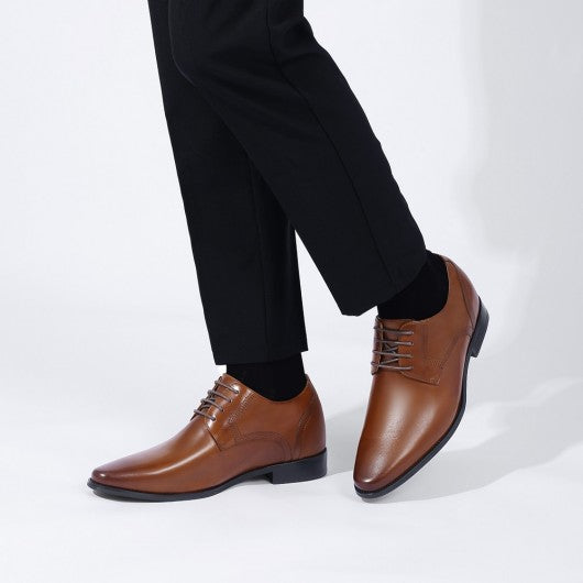 9-LIONS Brown Cowhide Leather Mens Elevator Dress Shoes - Classic Men's Derby Shoes 3.15 Inches / 8 CM
