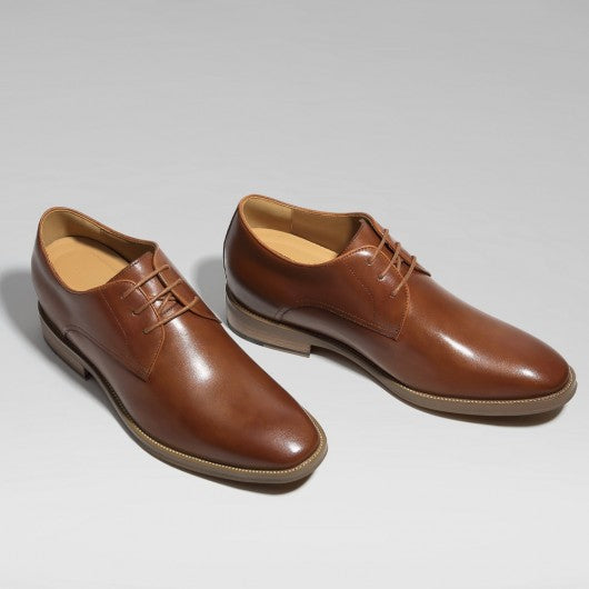 9-LIONS Men's Elevator Dress Shoes - Brown Leather Raised Heel Derby Shoes 7CM / 2.76 Inches