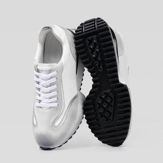 9-LIONS Elevator Shoes For Men - Off-White Leather Distressed sneakers 8CM / 3.15 Inches