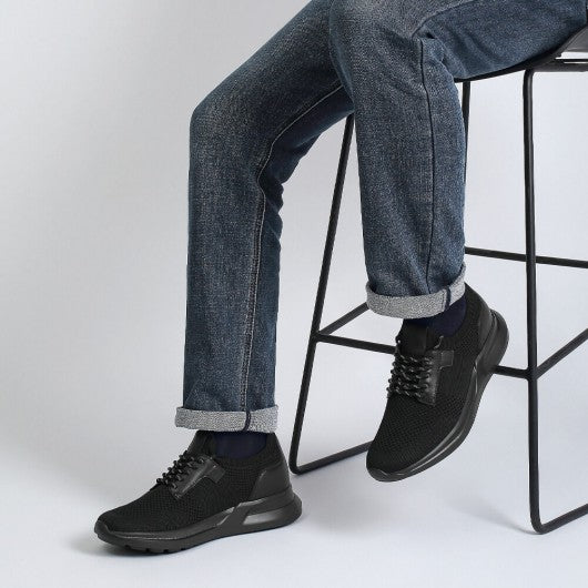 9-LIONS elevator sneakers for men - black Knit Fabric height increasing sports shoes 7CM / 2.76 Inches