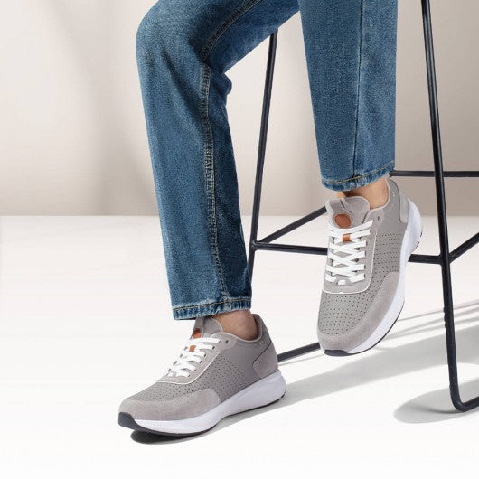 9-LIONS Men's Elevator Sneakers - Stylish Height Increasing Shoes - Gray Suede Leather Sneakers 8 CM / 3.15 Inches