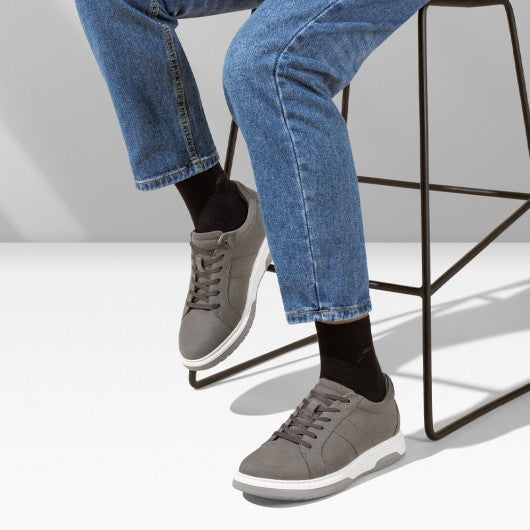 9-LIONS Height Increasing Sneakers - Gray Nubuck Leather Men's Height Increasing Casual Shoes 7CM / 2.76 Inches