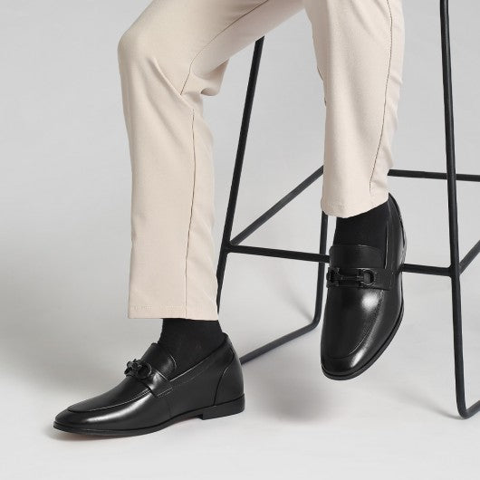 9-LIONS Casual Height Increasing Shoes - Hidden High Heel Shoes For Men - Black Calfskin Slip-On Loafers 2.36 Inches / 6 CM