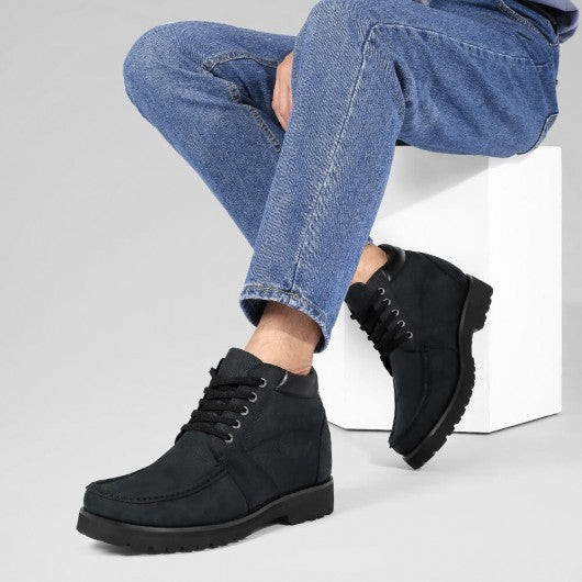 9-LIONS Height Increasing Boots For Men - Black Nubuck Square Toe Boots 10CM | 3.94 Inches