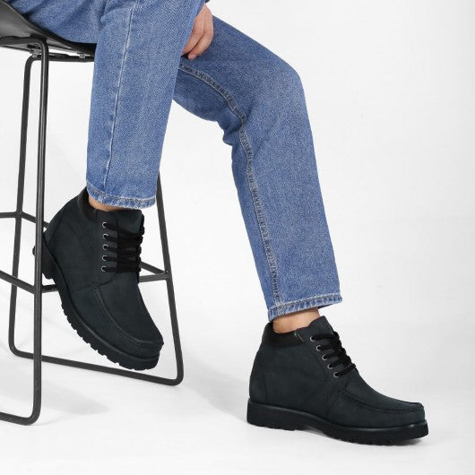 9-LIONS Height Increasing Boots For Men - Black Nubuck Square Toe Boots 10CM | 3.94 Inches