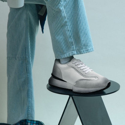 9-LIONS Elevator Shoes For Men - Off-White Leather Distressed sneakers 8CM / 3.15 Inches