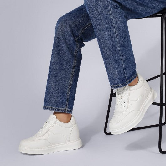 9-LIONS Men's Shoes With Higher Heels - White Leather Elevator Shoes That Make You Taller 9CM / 3.54 Inches