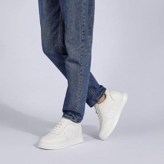 9-LIONS Men's Shoes With Higher Heels - White Leather Elevator Shoes That Make You Taller 9CM / 3.54 Inches