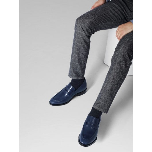 9-LIONS Height Increasing Dress Shoes - Blue Leather Slip-On Loafers 7CM | 2.76 Inches
