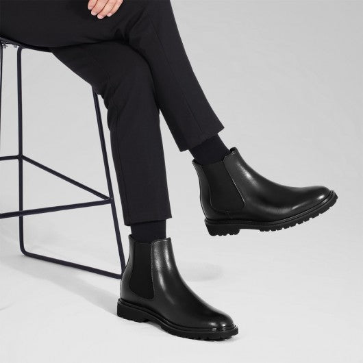 9-LIONS Mens Elevator Boots - Black Leather Men's Chelsea Boots 3.15 Inches / 8CM