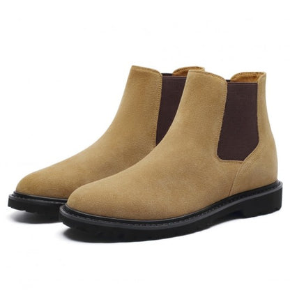 9-LIONS Mens Height Increasing Boots - Brown Suede Leather Chelsea Boots 8CM / 3.15 Inches