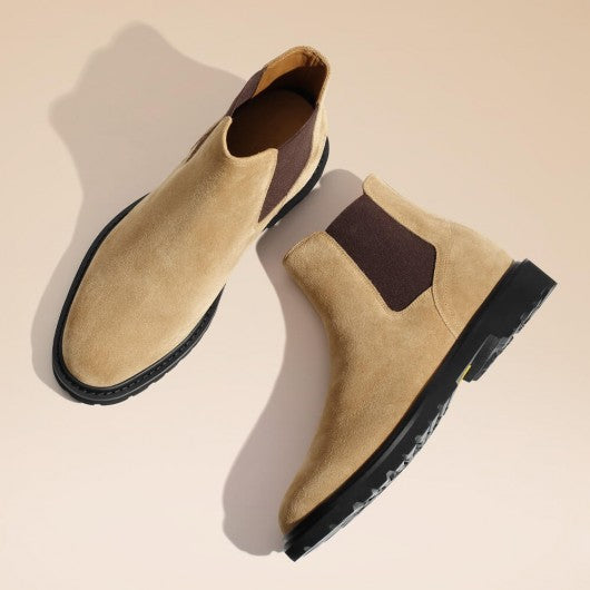 9-LIONS Mens Height Increasing Boots - Brown Suede Leather Chelsea Boots 8CM / 3.15 Inches