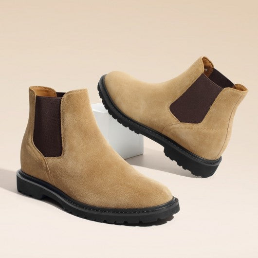 9-LIONS Mens Height Increasing Boots - Brown Suede Leather Chelsea Boots 8CM / 3.15 Inches