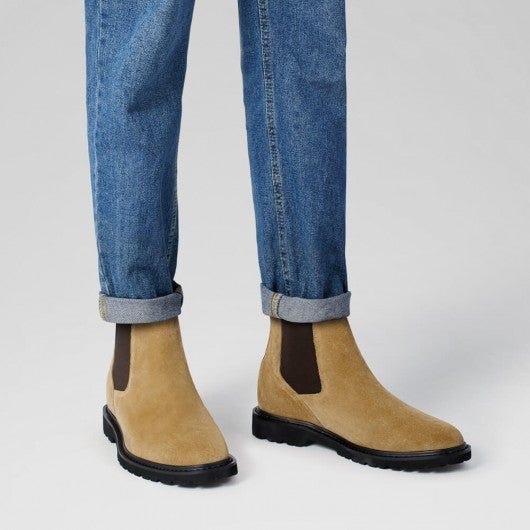 9-LIONS Mens Height Increasing Boots - Brown Suede Leather Chelsea Boots 8CM / 3.15 Inches