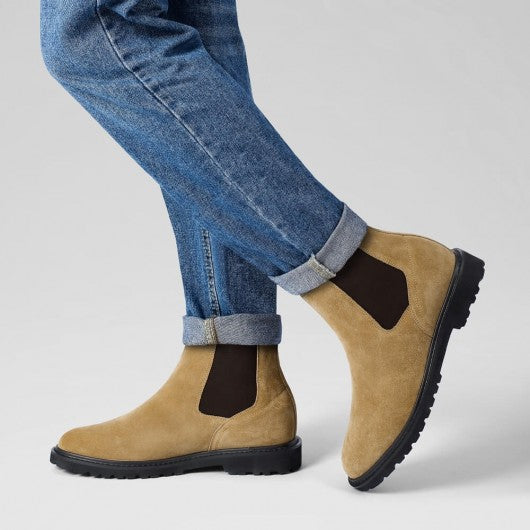 9-LIONS Mens Height Increasing Boots - Brown Suede Leather Chelsea Boots 8CM / 3.15 Inches