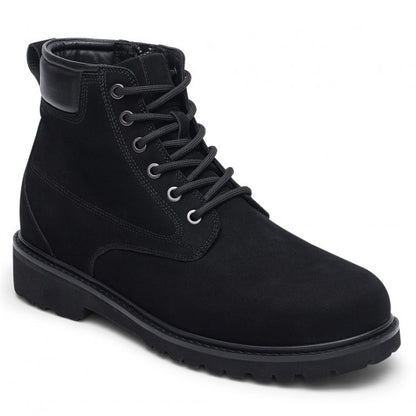 9-LIONS men's elevator shoes - high heel men boots - black nubuck leather boots with zipper 7CM / 2.76 Inches