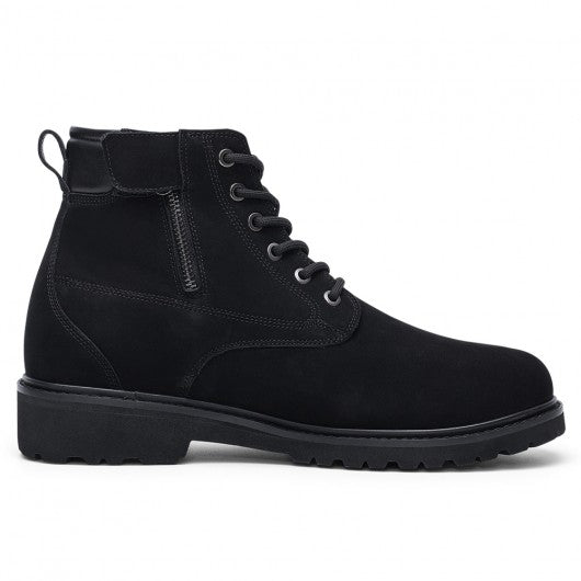 9-LIONS men's elevator shoes - high heel men boots - black nubuck leather boots with zipper 7CM / 2.76 Inches