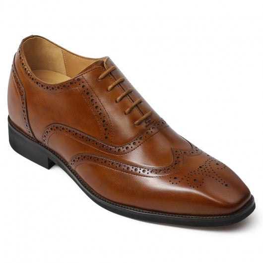 9-LIONS Men's Elevator Dress Shoes - Brown Leather Wingtip Oxford Shoes 6CM | 2.36 Inches