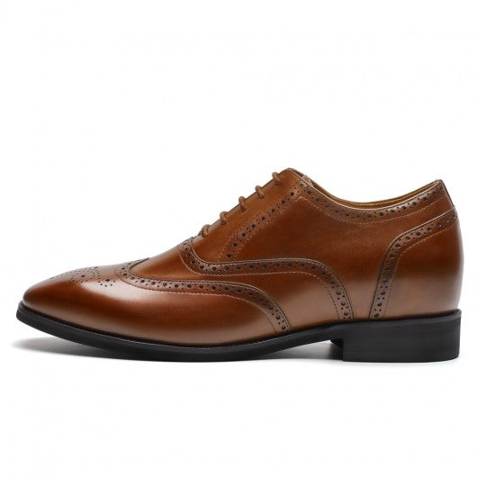 9-LIONS Men's Elevator Dress Shoes - Brown Leather Wingtip Oxford Shoes 6CM | 2.36 Inches