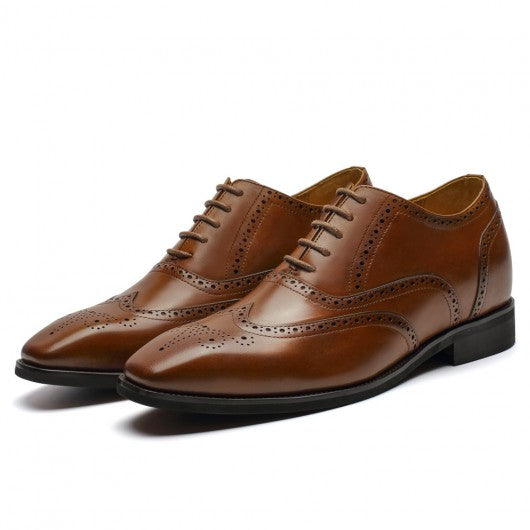 9-LIONS Men's Elevator Dress Shoes - Brown Leather Wingtip Oxford Shoes 6CM | 2.36 Inches
