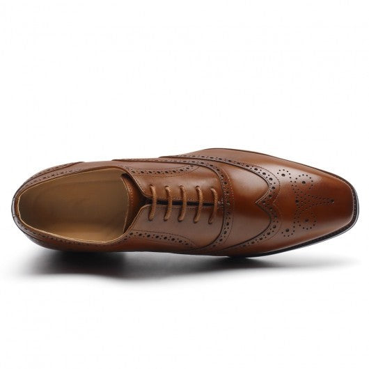 9-LIONS Men's Elevator Dress Shoes - Brown Leather Wingtip Oxford Shoes 6CM | 2.36 Inches