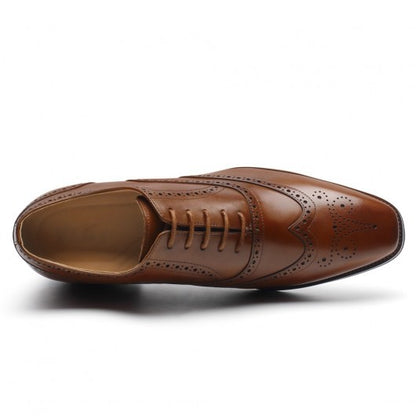 9-LIONS Men's Elevator Dress Shoes - Brown Leather Wingtip Oxford Shoes 6CM | 2.36 Inches