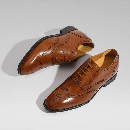 9-LIONS Men's Elevator Dress Shoes - Brown Leather Wingtip Oxford Shoes 6CM | 2.36 Inches