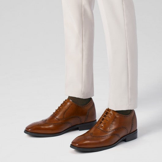 9-LIONS Men's Elevator Dress Shoes - Brown Leather Wingtip Oxford Shoes 6CM | 2.36 Inches