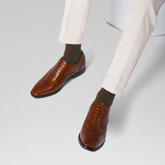 9-LIONS Men's Elevator Dress Shoes - Brown Leather Wingtip Oxford Shoes 6CM | 2.36 Inches