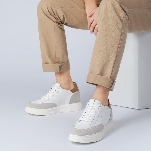 9-LIONS Elevator Shoes For Men - White Leather Casual Taller Shoes 8CM / 3.15 inches