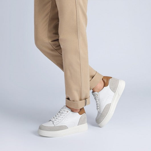 9-LIONS Elevator Shoes For Men - White Leather Casual Taller Shoes 8CM / 3.15 inches