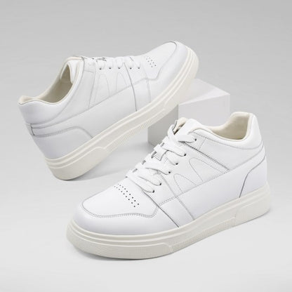 9-LIONS Casual Elevator Shoes For Men - White Leather Height Increasing Sneaker 8CM / 3.15 Inches