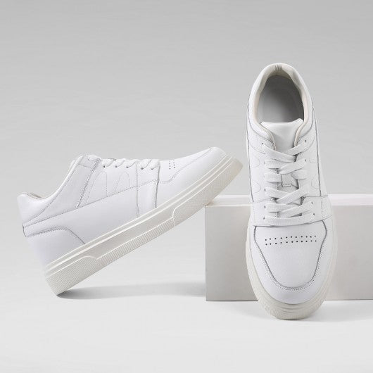 9-LIONS Casual Elevator Shoes For Men - White Leather Height Increasing Sneaker 8CM / 3.15 Inches
