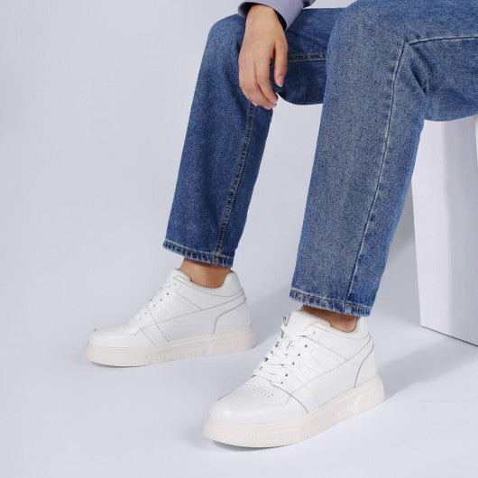 9-LIONS Casual Elevator Shoes For Men - White Leather Height Increasing Sneaker 8CM / 3.15 Inches