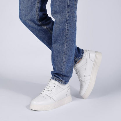9-LIONS Casual Elevator Shoes For Men - White Leather Height Increasing Sneaker 8CM / 3.15 Inches